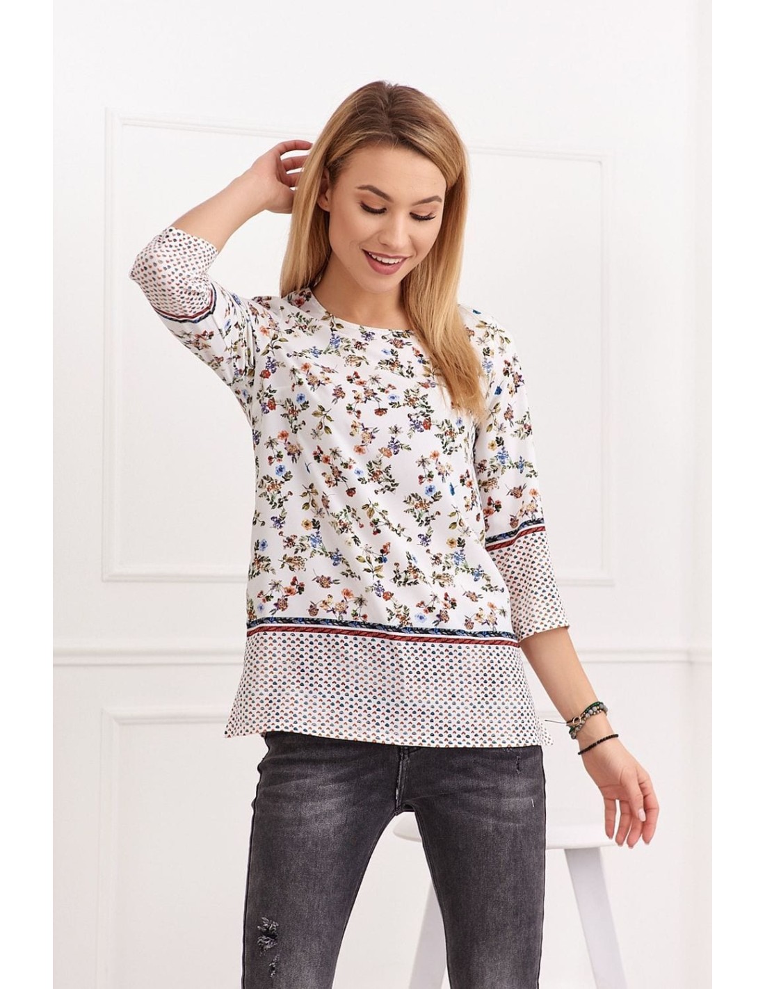 Cream women\'s blouse with a floral pattern 0446 - Online store - Boutique